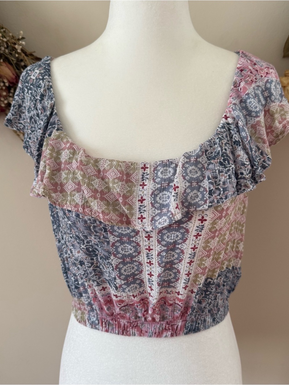 Boho Patchwork Altar’d State Ruffle Crop Top